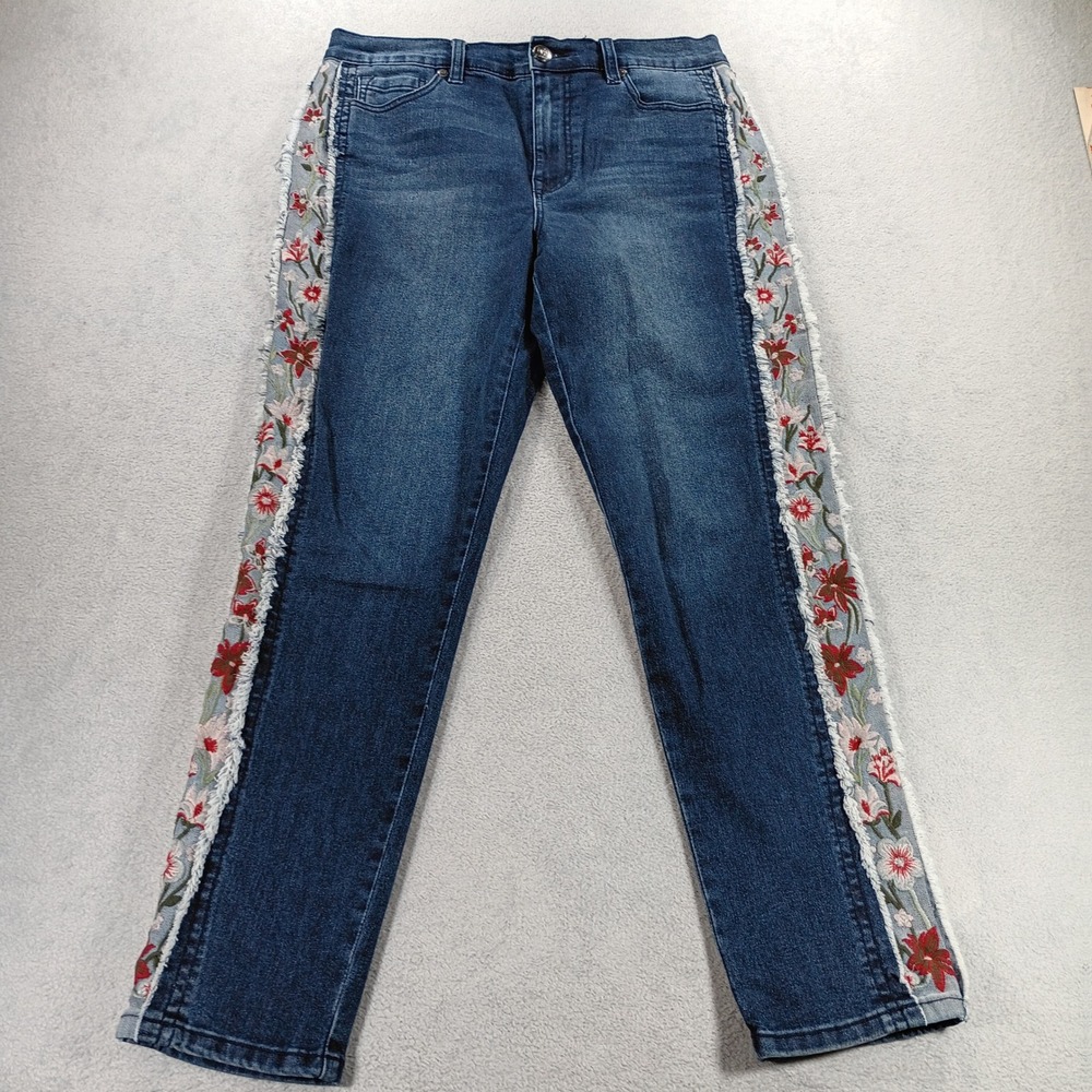 DG2 Diane Gilman Womens Jeans Blue Floral Embroidered Side Stripe 12 Frayed Edge